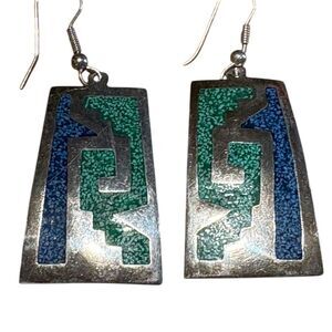 Vintage Alpaca Mexico Dangle Earrings Crushed Turquoise Inlay Silver